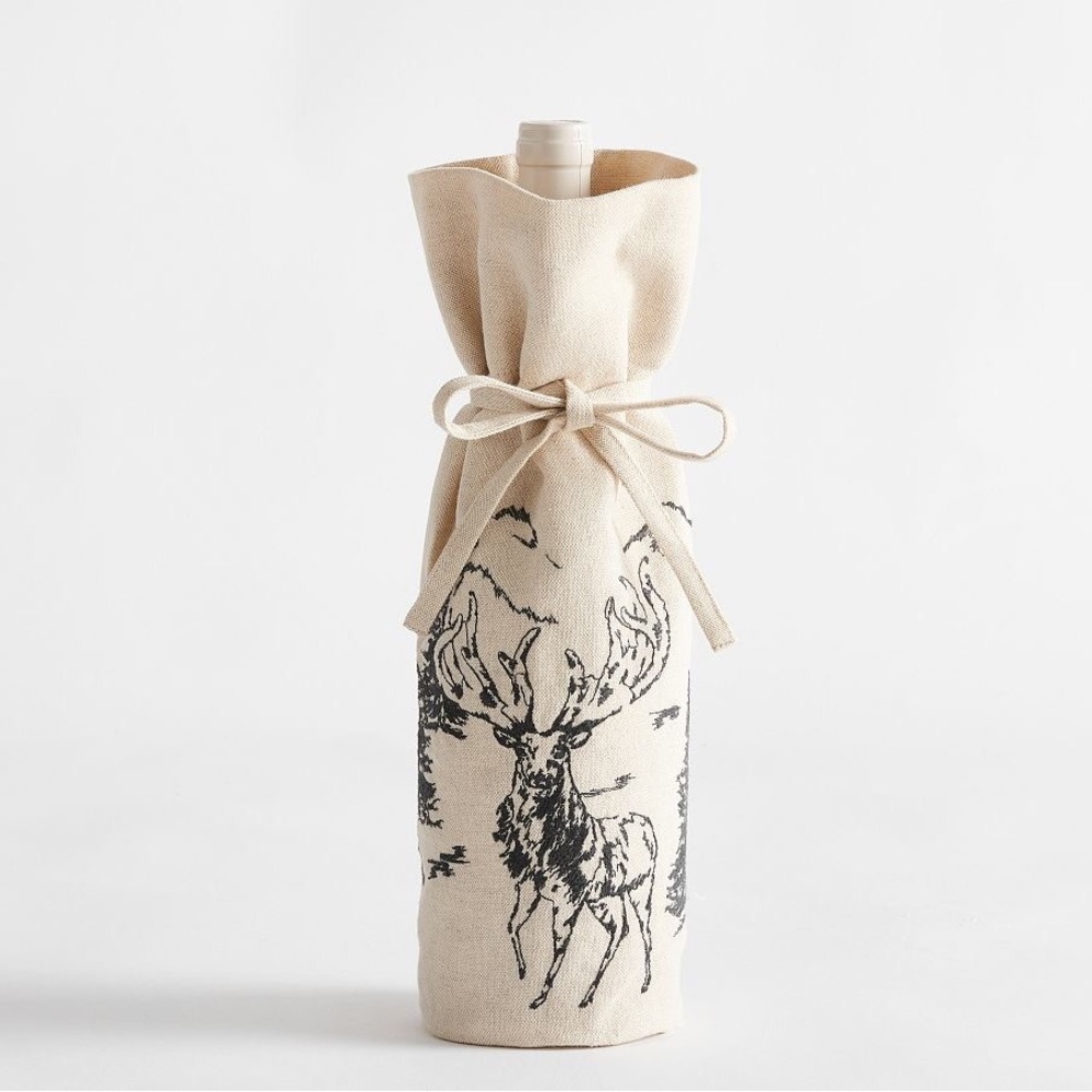Pottery Barn Stag Deer Rustic Forest Embroidered Cotton/Linen Wine Bag